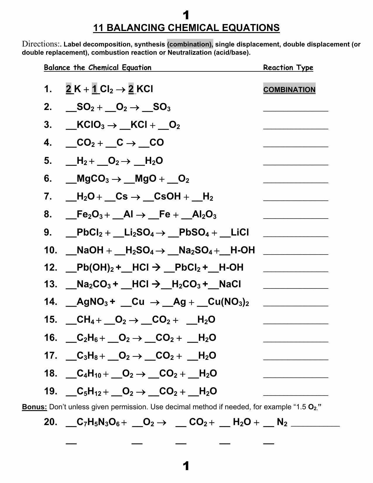 Classifying Reactions And Balancing Chemical Equations Worksheet