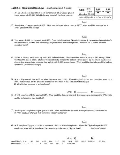 Combined Gas Law Worksheet Answers Guide