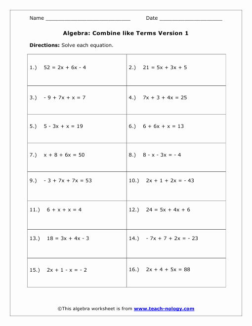 Combining Like Terms Pdf