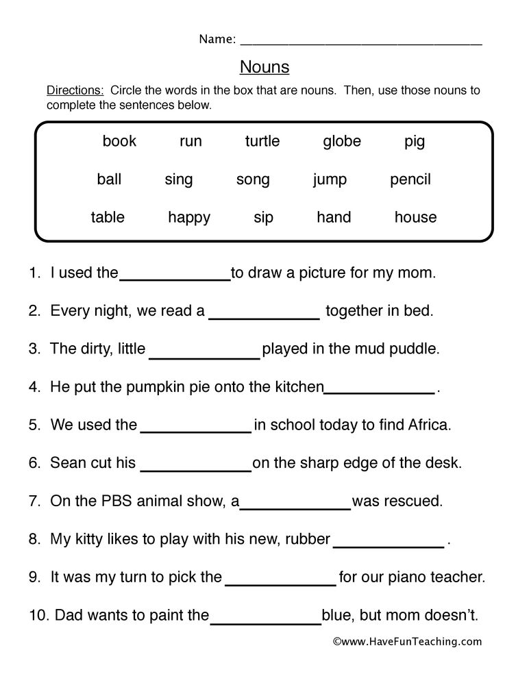 10 Noun Worksheet Examples for Students