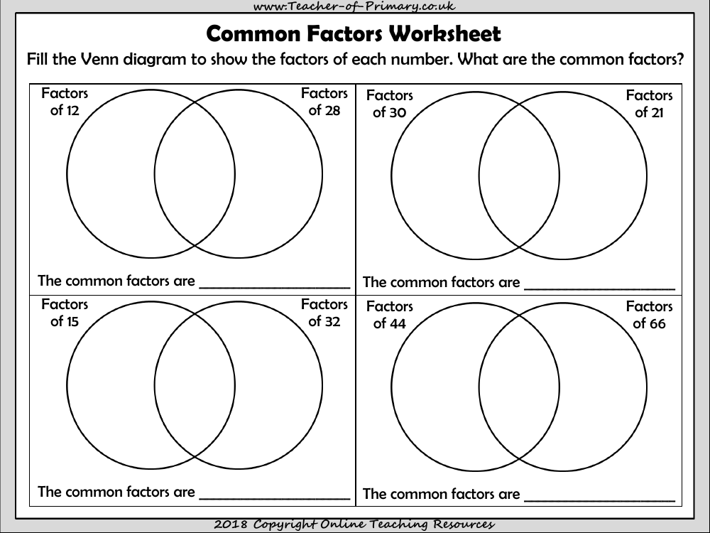 Common Factors Worksheet Year 5