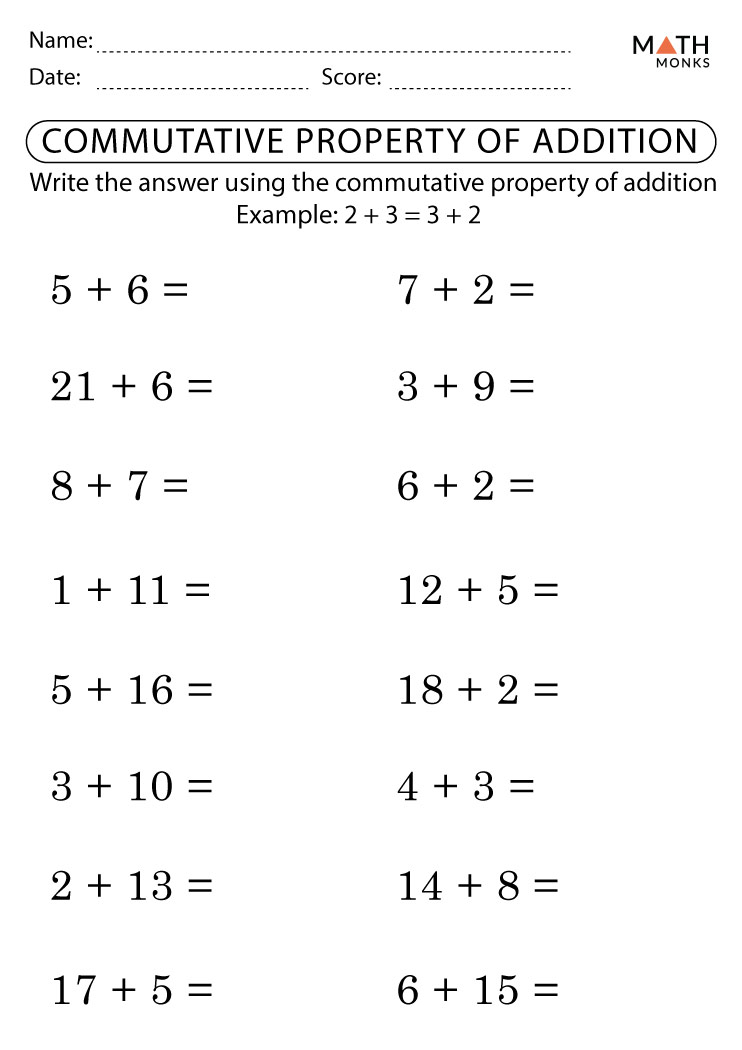 Commutative Property Addition Worksheets for Kids