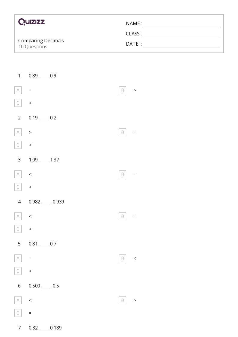 5th Grade Decimals Comparison Worksheet Fun