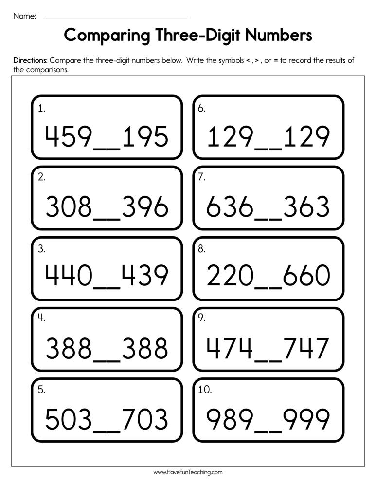 Comparing Three Digit Numbers Worksheet