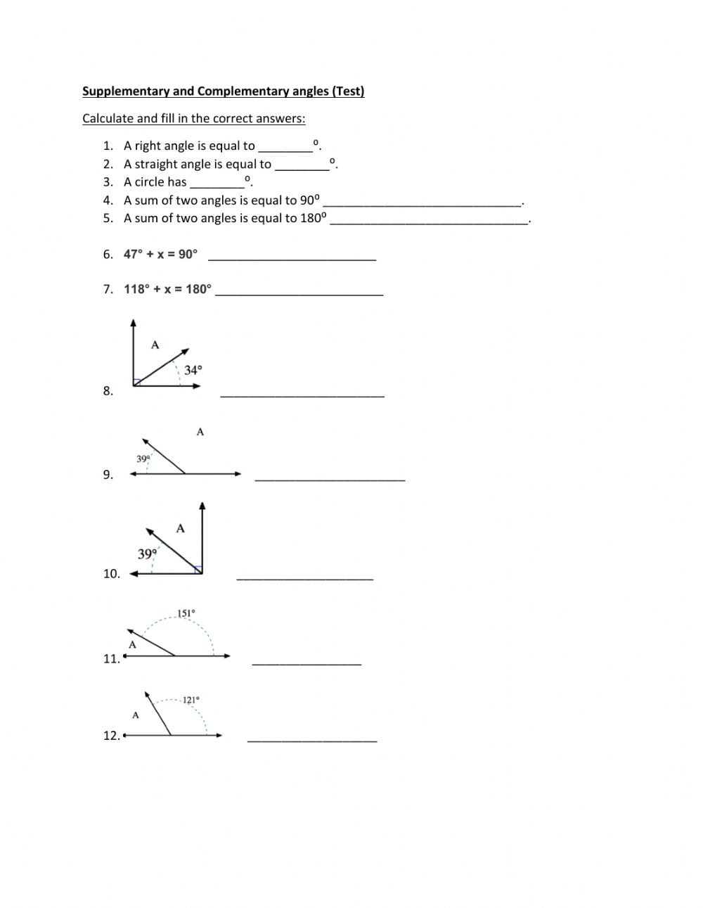 Complementary and Supplementary Angles Worksheet for Easy Learning