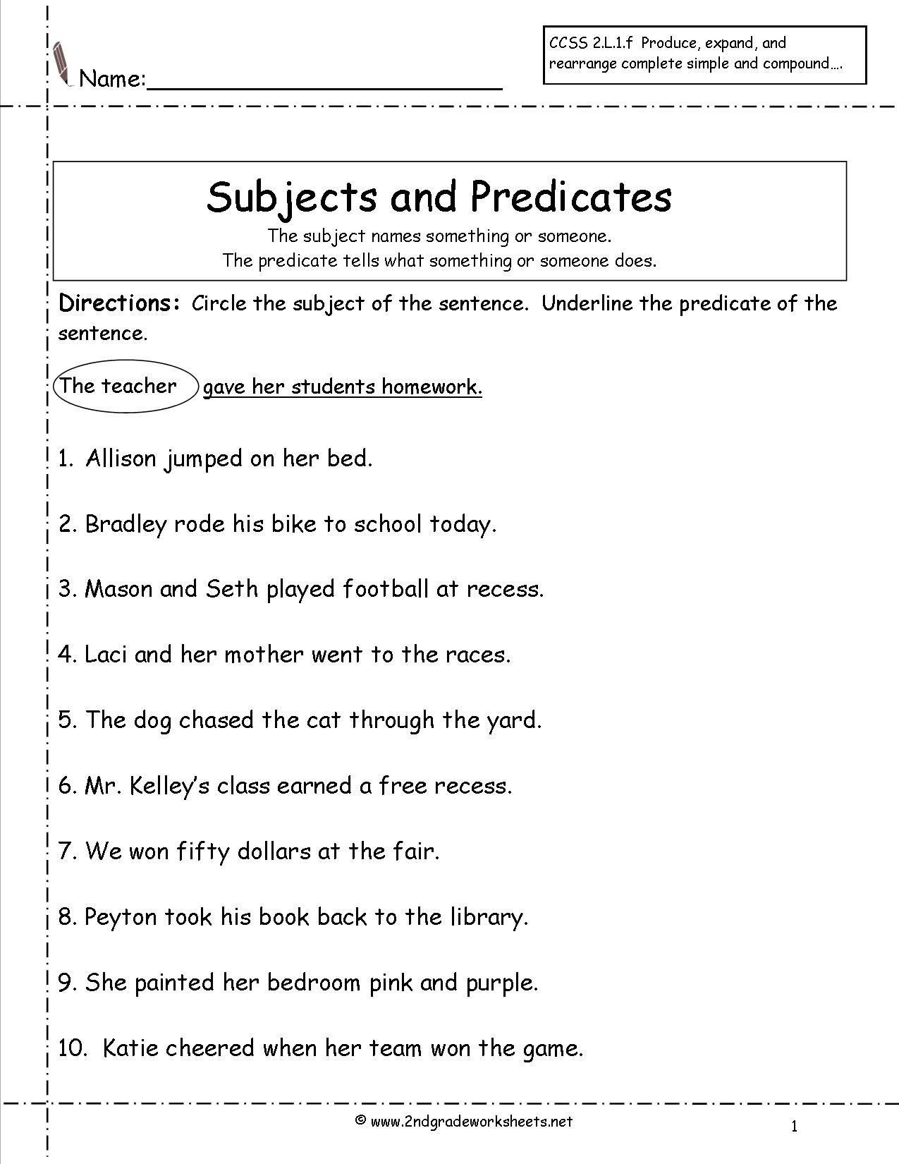 Complete Subject and Predicate Worksheets With Answers