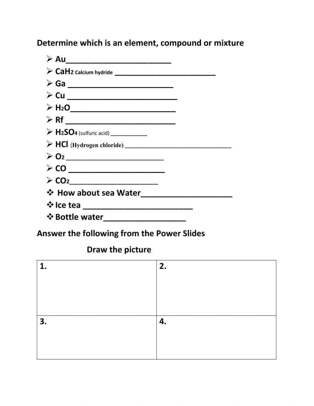 Compounds Mixtures And Elements Worksheet