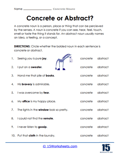 Concrete and Abstract Nouns Worksheets for Kids