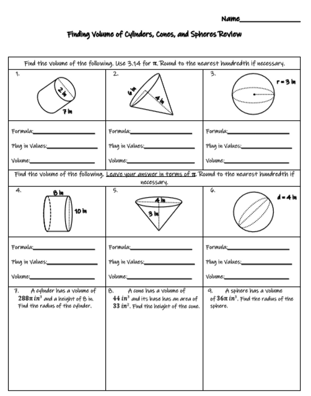 Cone Volume Worksheet