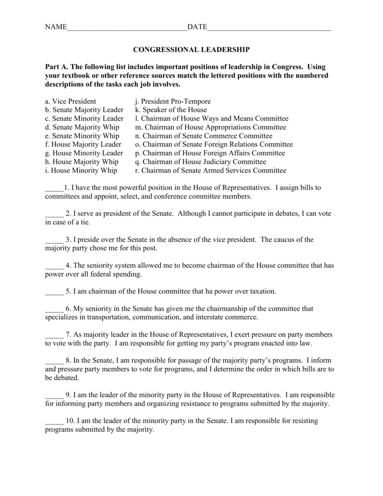 Congressional Leadership Worksheet Answer Key Explained