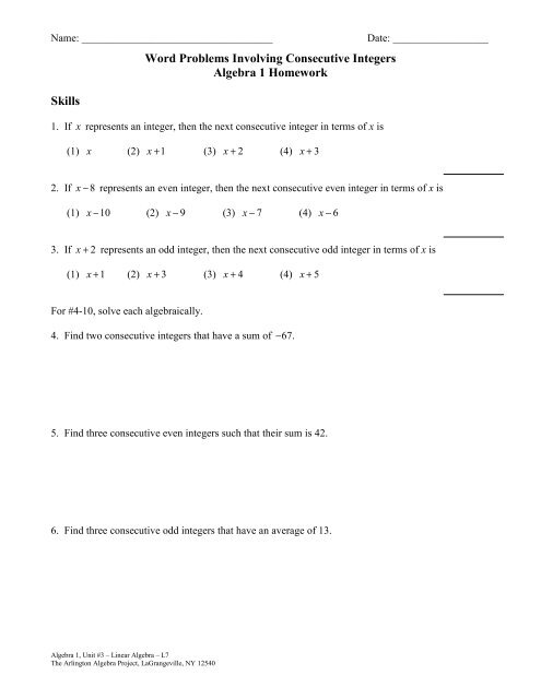 Consecutive Integers Worksheet for Math Practice