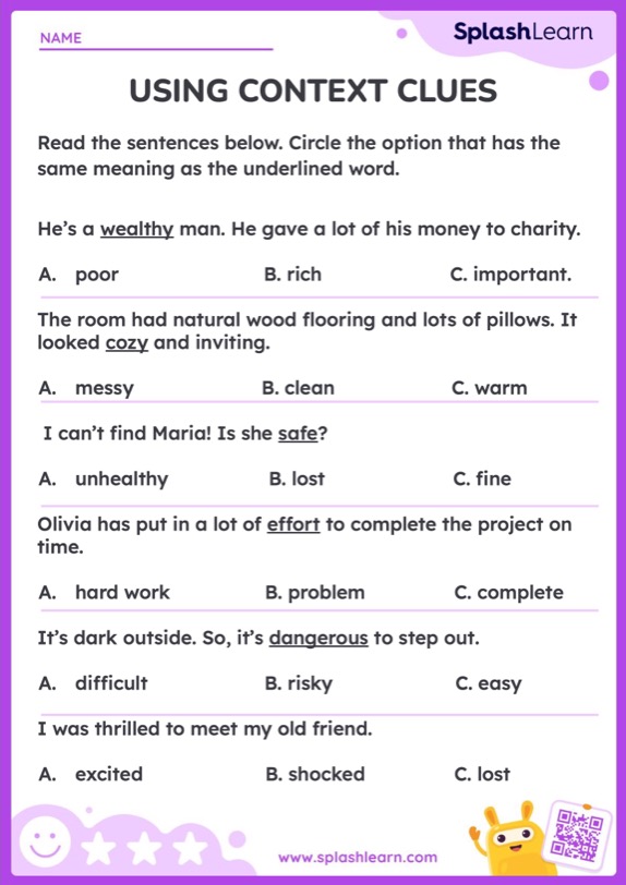 Context Clues Worksheet for 4th Grade Students