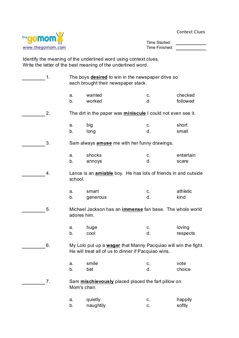 Context Clues Worksheet Your Home Teacher