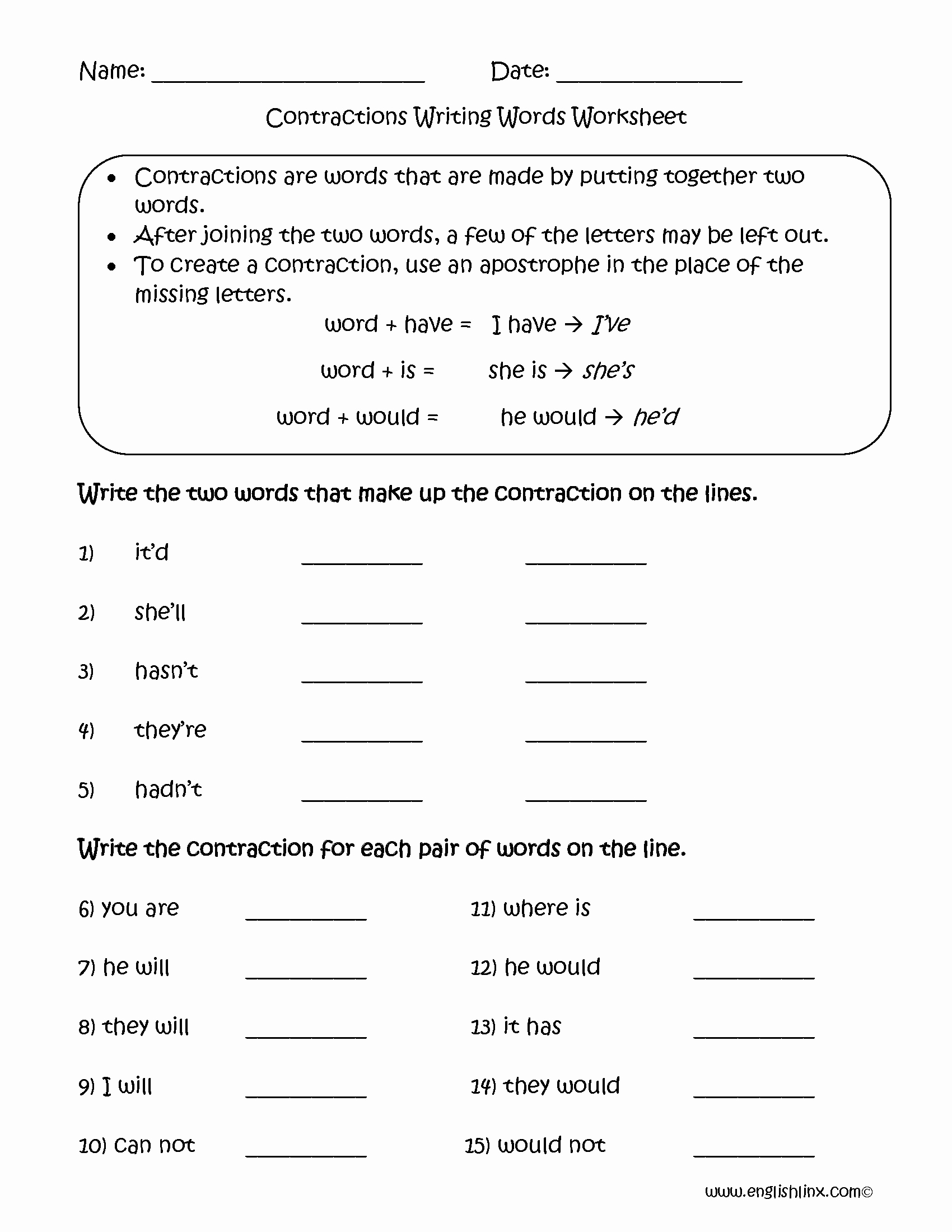 1st Grade Contractions Worksheet Fun