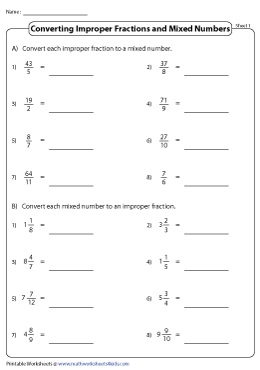 Conversion Of Mixed Numbers To Improper Fractions Worksheets Math Worksheets Mathsdiary Com