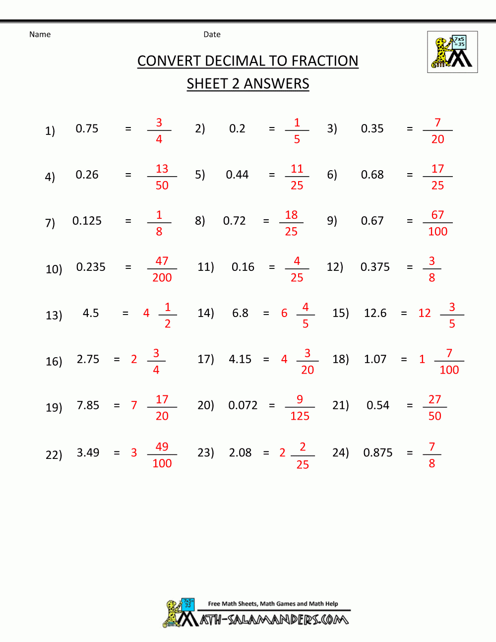 Convert Fractions To Decimals Worksheets Free Printable Lexia Amp 39 S Blog