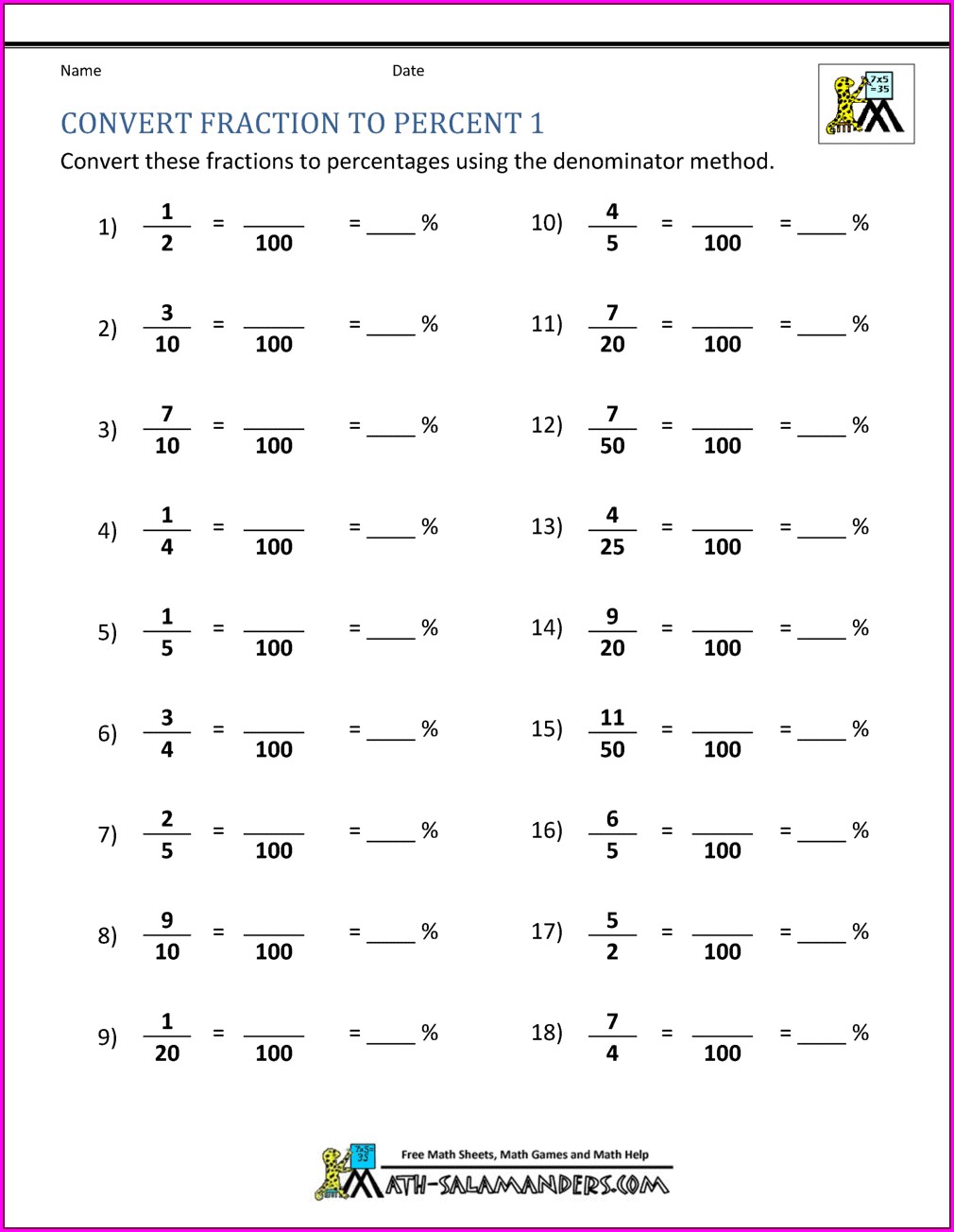 Converting Fractions Decimals And Percentages Worksheet