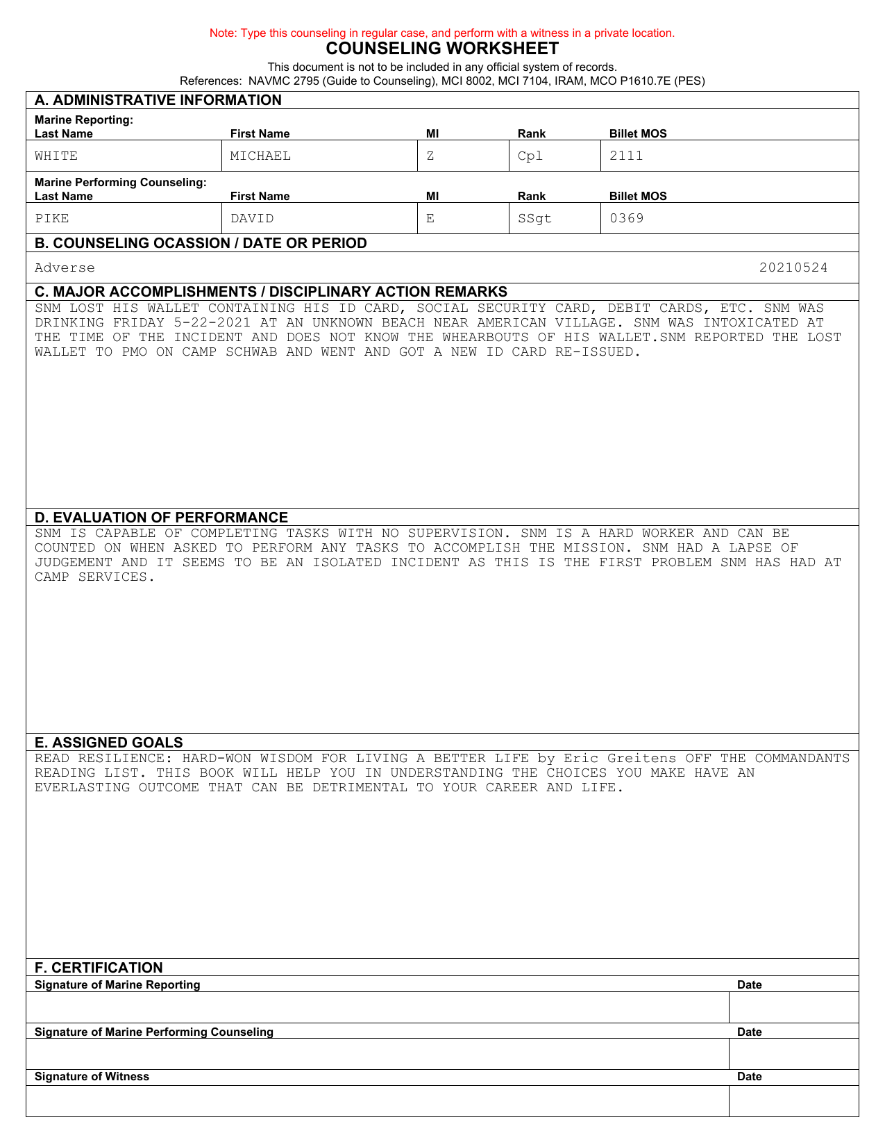 USMC Counseling Worksheet: Leadership and Personal Growth