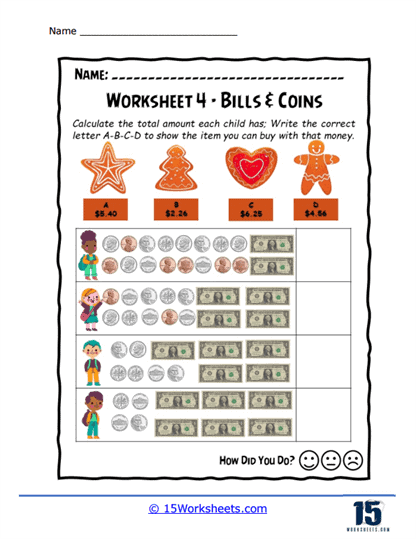 Counting Coins and Bills Worksheets for Kids