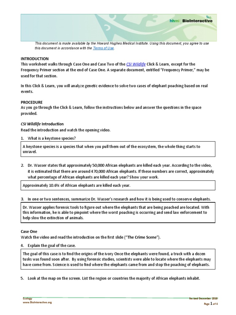 CSI Wildlife Worksheet 2 Answer Key