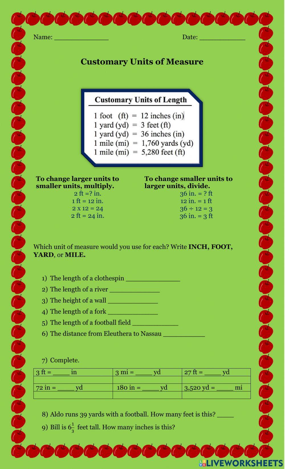 Customary Units of Measurement Worksheets for Kids