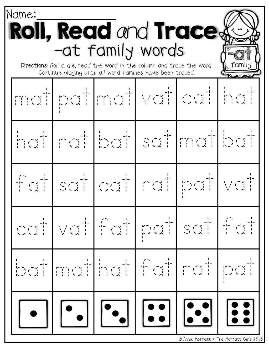 Cvc Roll Read And Trace Word Family Worksheets Word Families Word