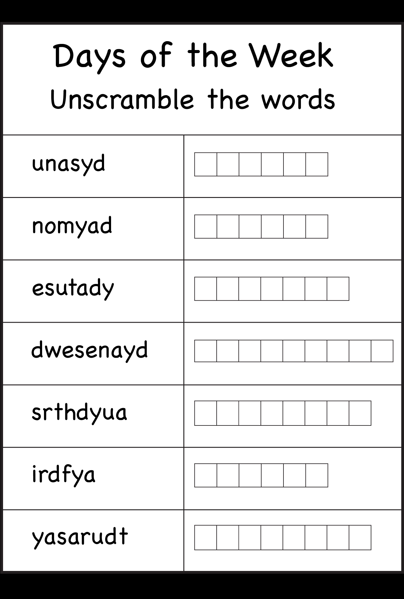 Days of the Week in English Worksheet Printable