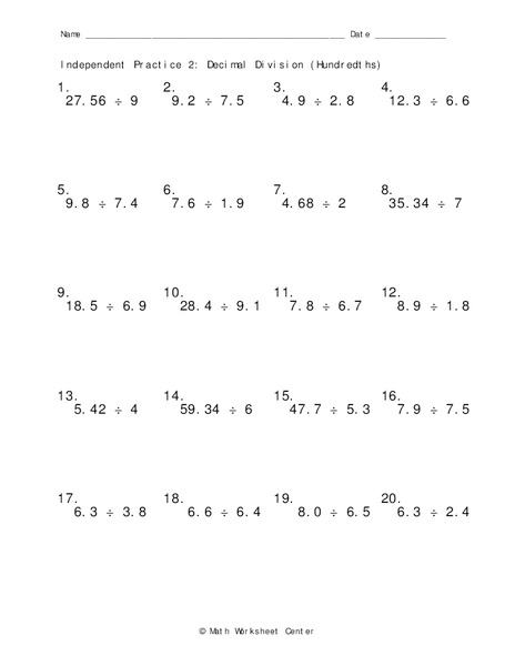 Decimal Division Worksheet For 7Th Grade Lesson Planet