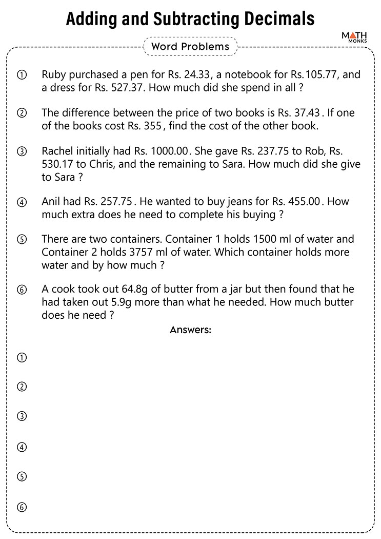 Decimal Subtraction Practice Worksheet for Kids