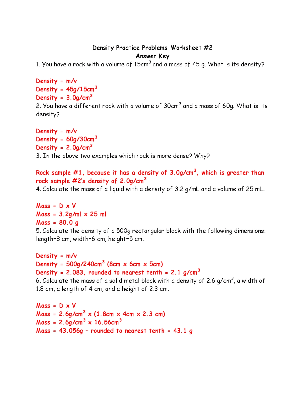 Density Practice Problems Worksheet 2 Answer Key Study Notes Chemistry Docsity