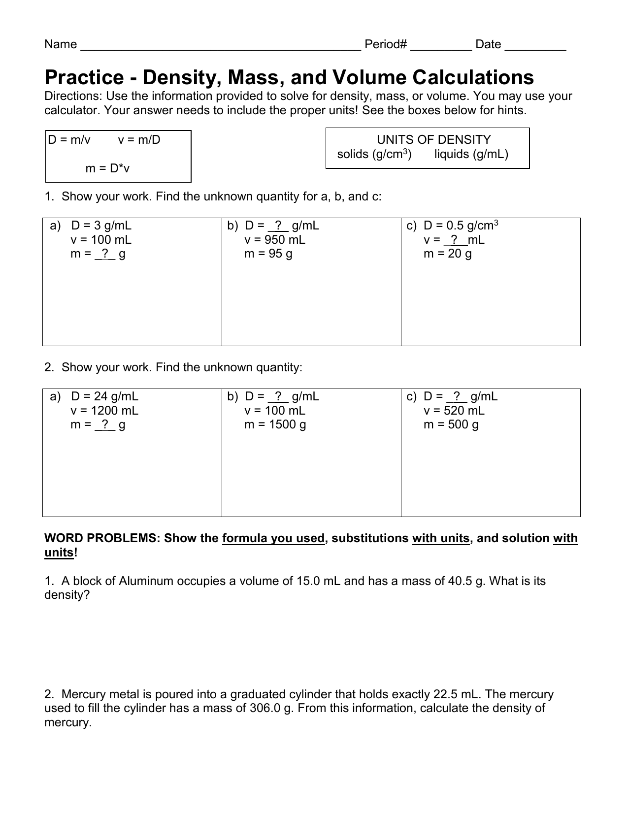 Density Worksheet With Answers Pdf