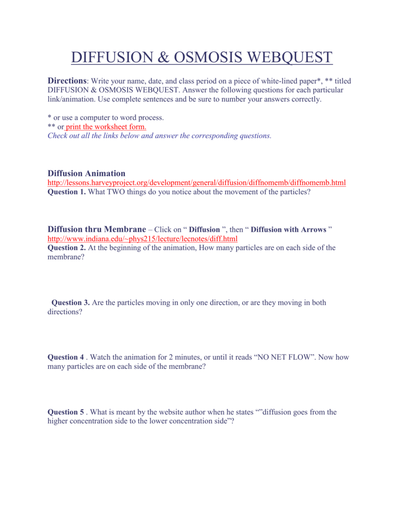 Diffusion And Osmosis Worksheet Answers English Worksheet