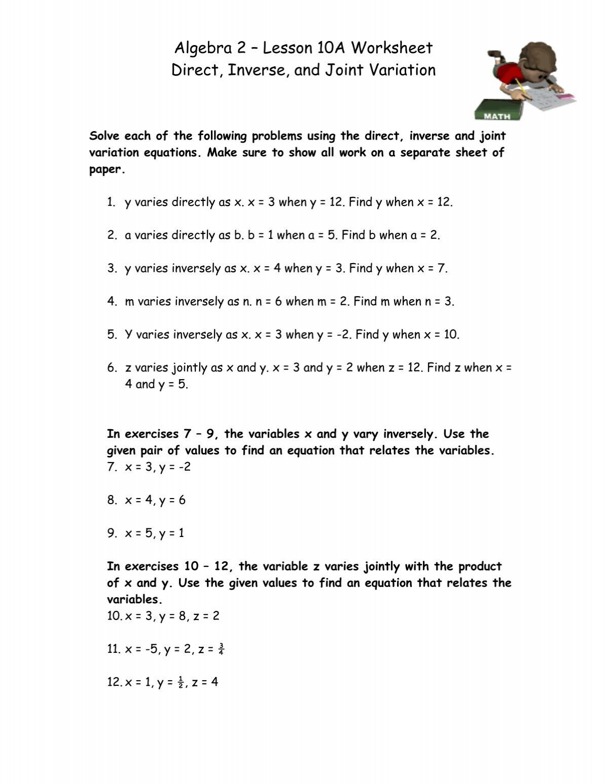 Direct and Inverse Variation Worksheet for Easy Practice