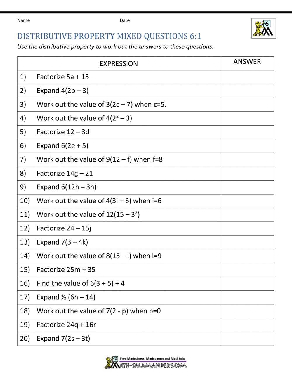 Distributive Property Worksheets for 6th Grade