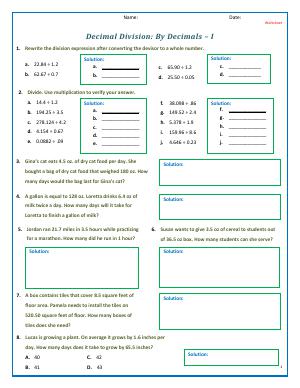 Divide Decimals Fifth Grade Math Worksheets Biglearners