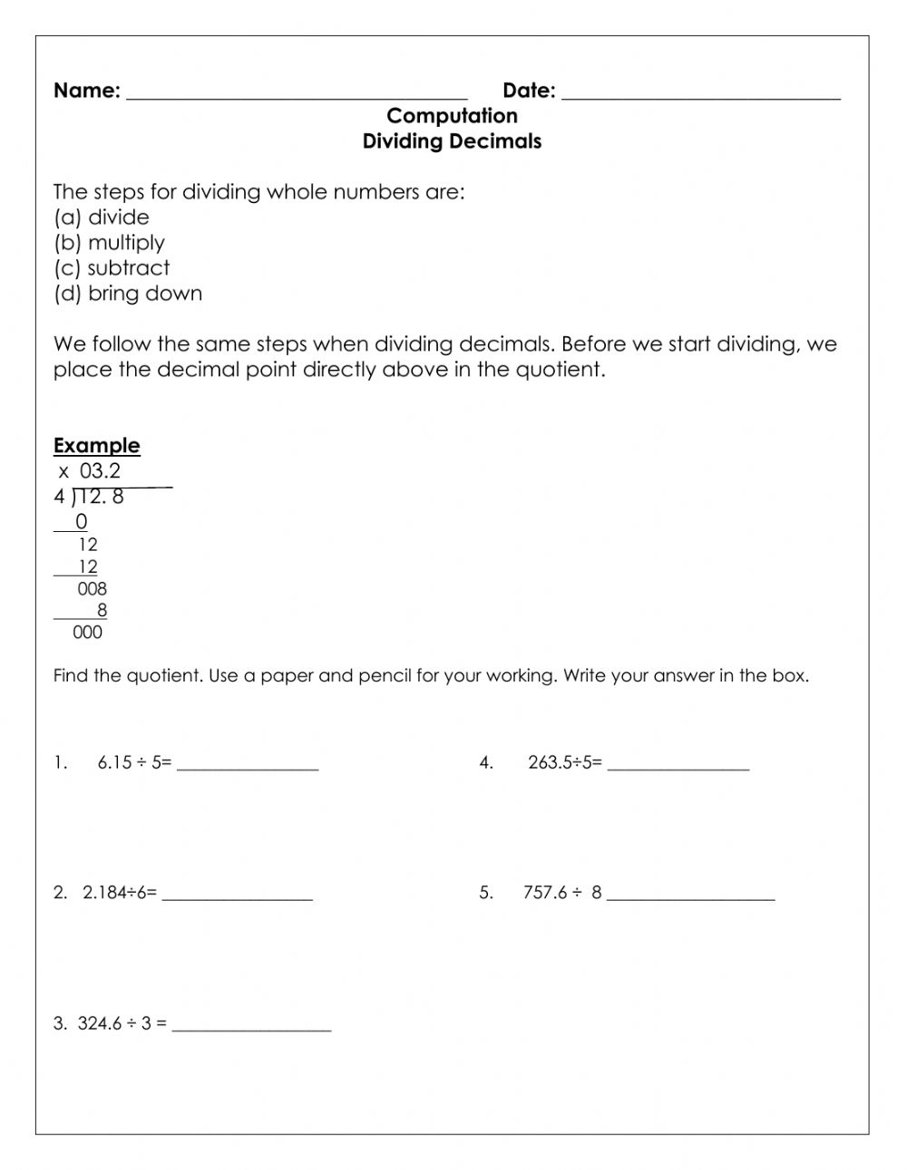 Dividing Decimals Activity Decimal Worksheets