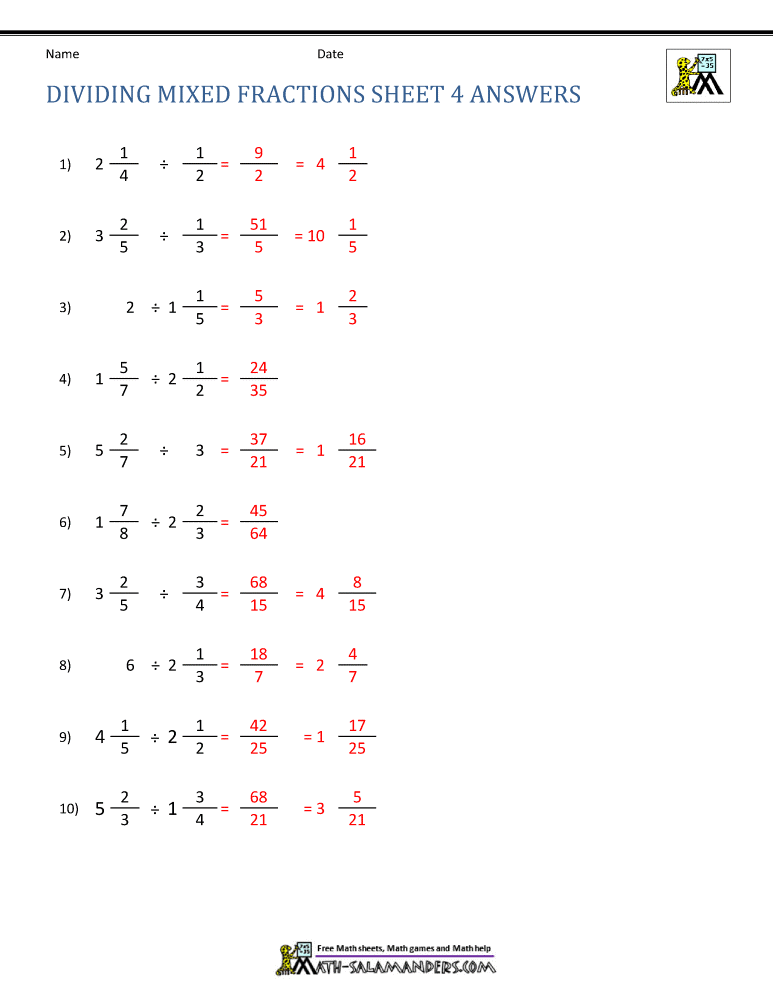 Mixed Numbers and Fractions Division Practice Worksheet