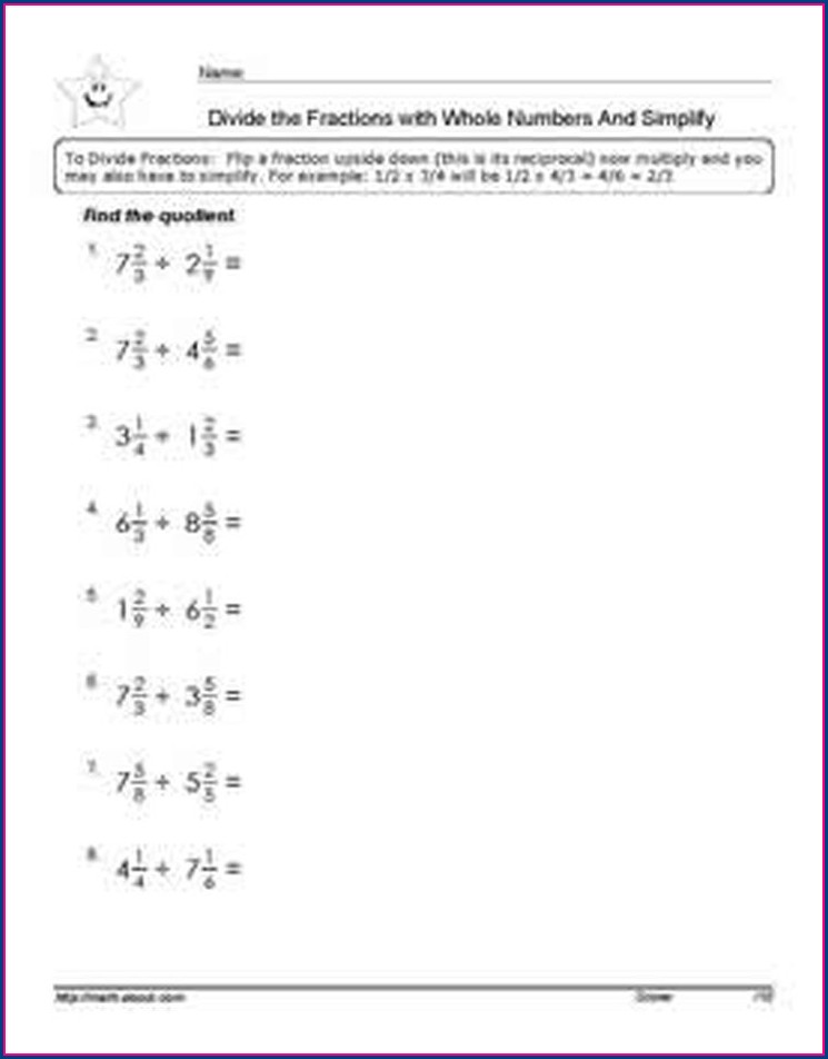 Dividing Whole Numbers By Fractions Using Models Worksheets