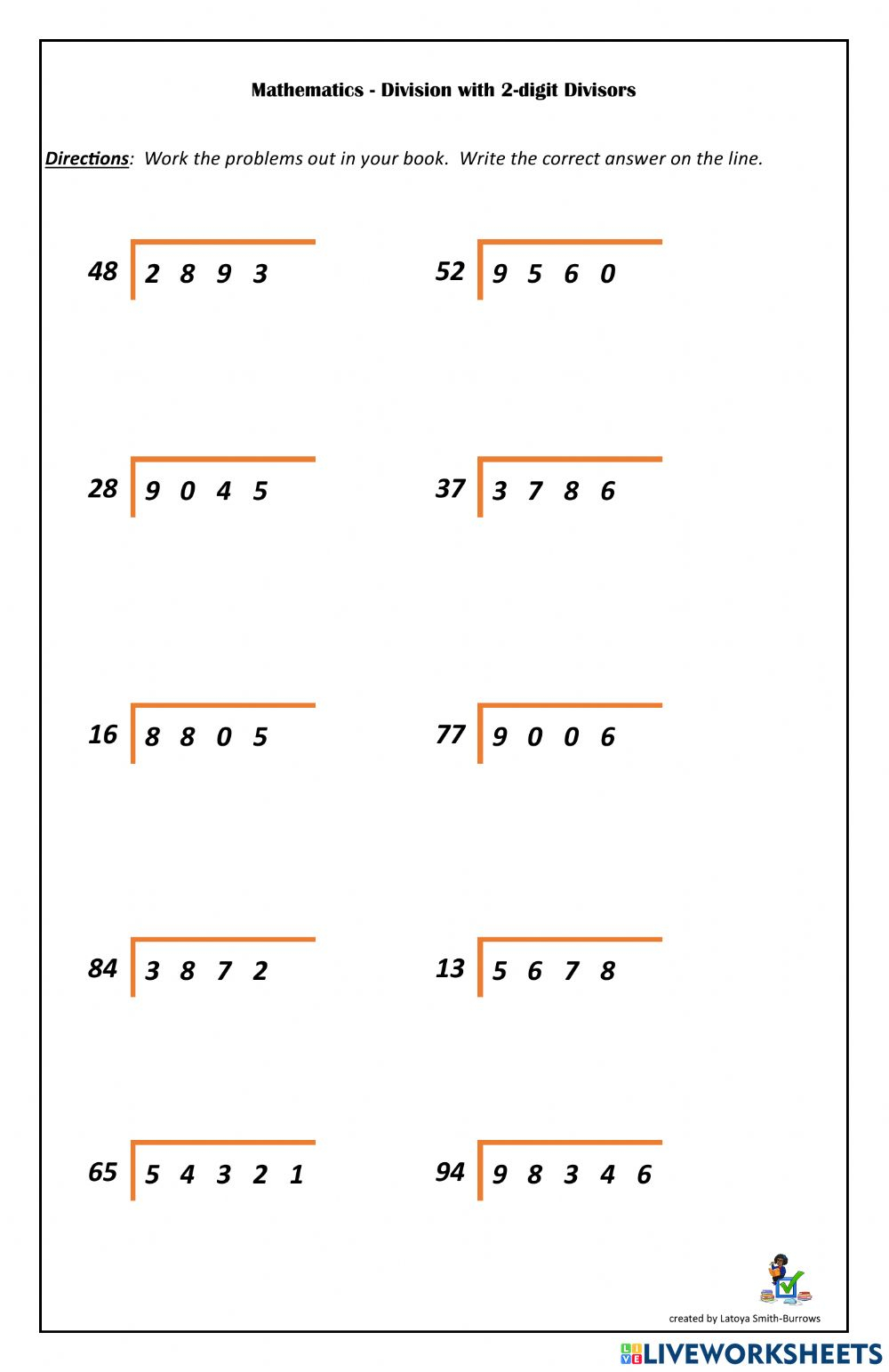 Division 2 Digit Divisor Worksheet for Kids