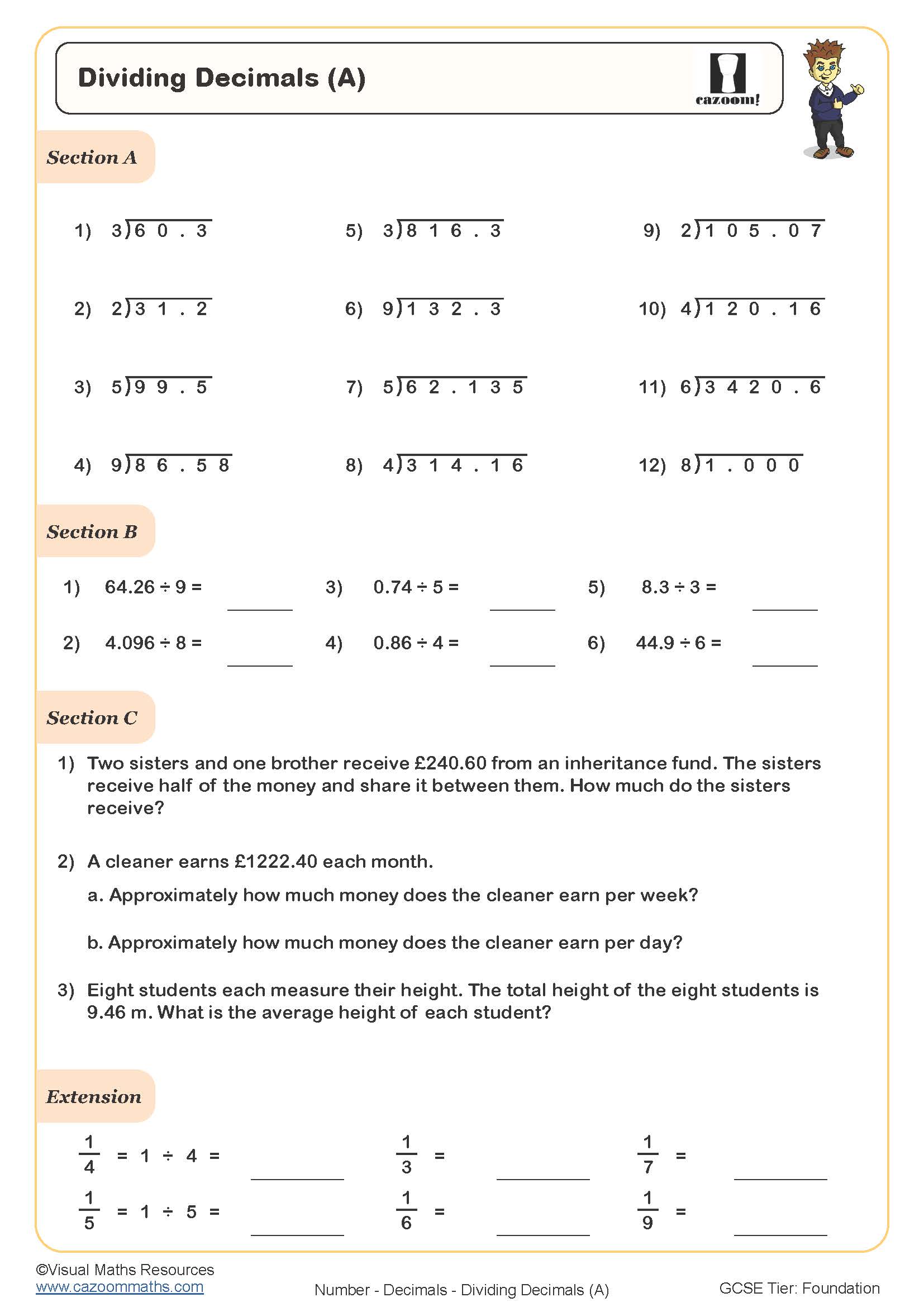 Division Of Decimals Worksheet