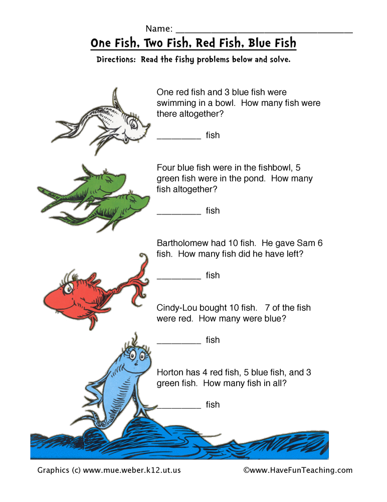 Dr Seuss One Fish Two Fish Math Worksheet By Teach Simple