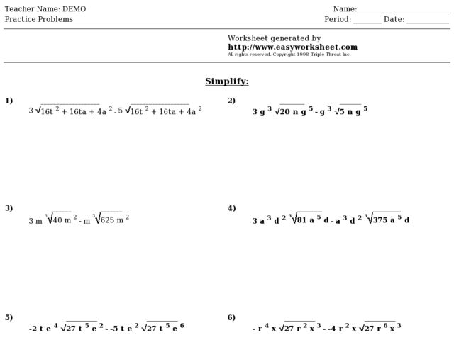 Easy Worksheet Simplifying Radical Expressions Worksheet For 9Th 12Th Grade Lesson Planet