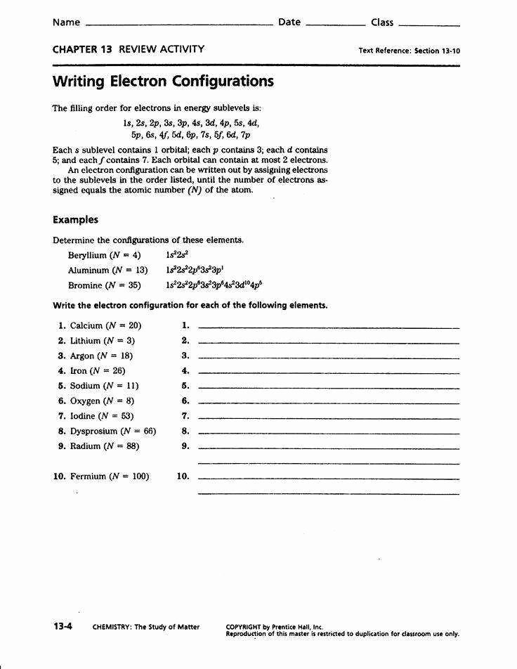 Electron Configuration Worksheet Answer Key