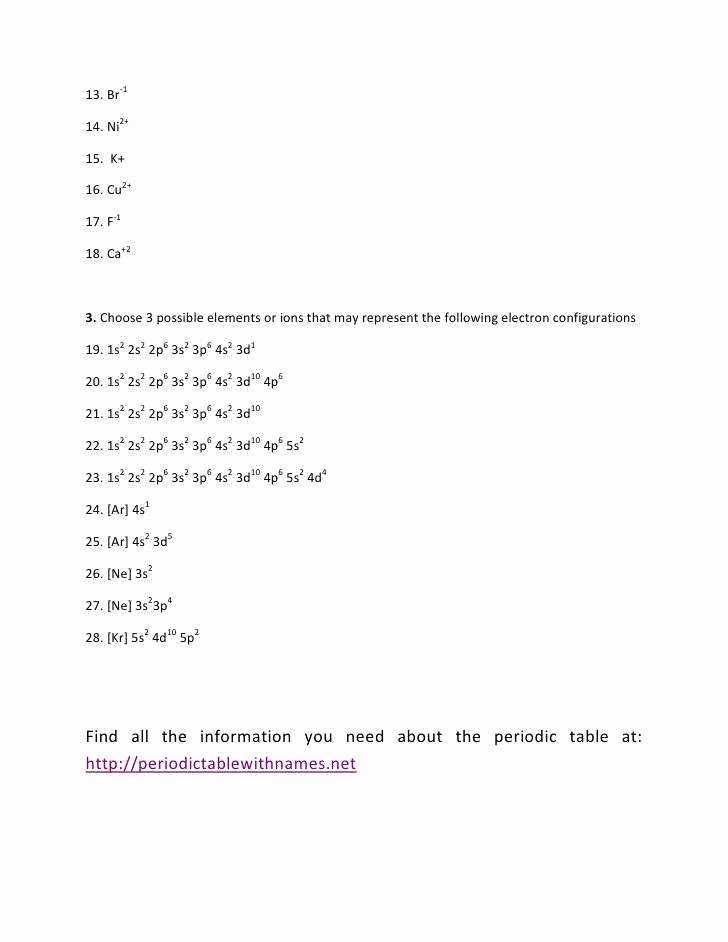 Electrons Configuration Practice Worksheet Answers