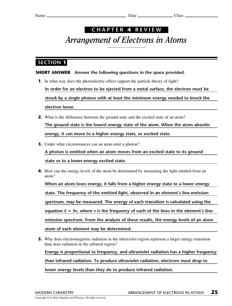 Electrons in Atoms Worksheet Answer Key