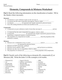 Element Compounds and Mixtures Worksheet Answer Key