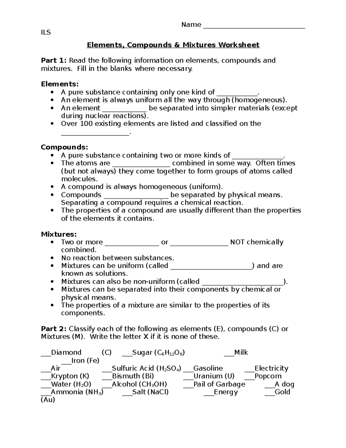 6 Essential Elements of Compounds and Mixtures Worksheet