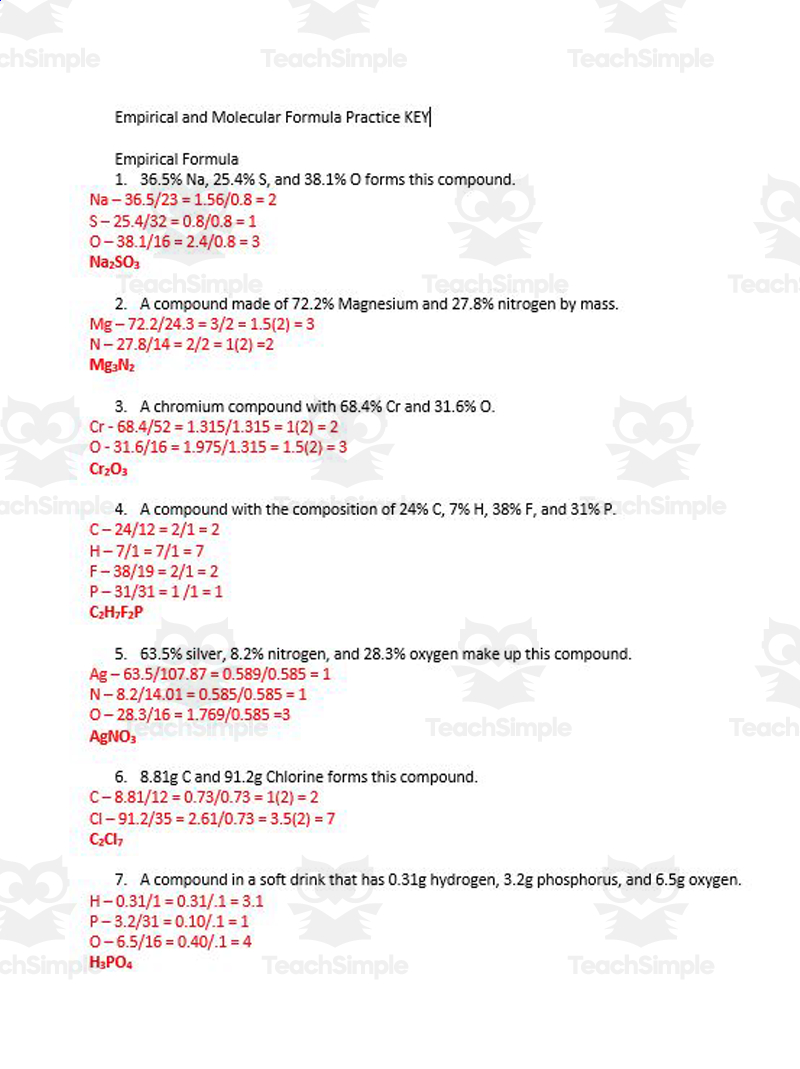 Empirical and Molecular Formula Worksheet Solutions