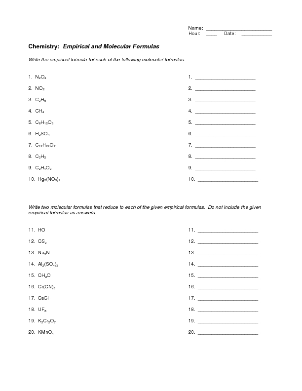 Empirical And Molecular Formulas Worksheet For 9Th 12Th Grade Lesson Planet