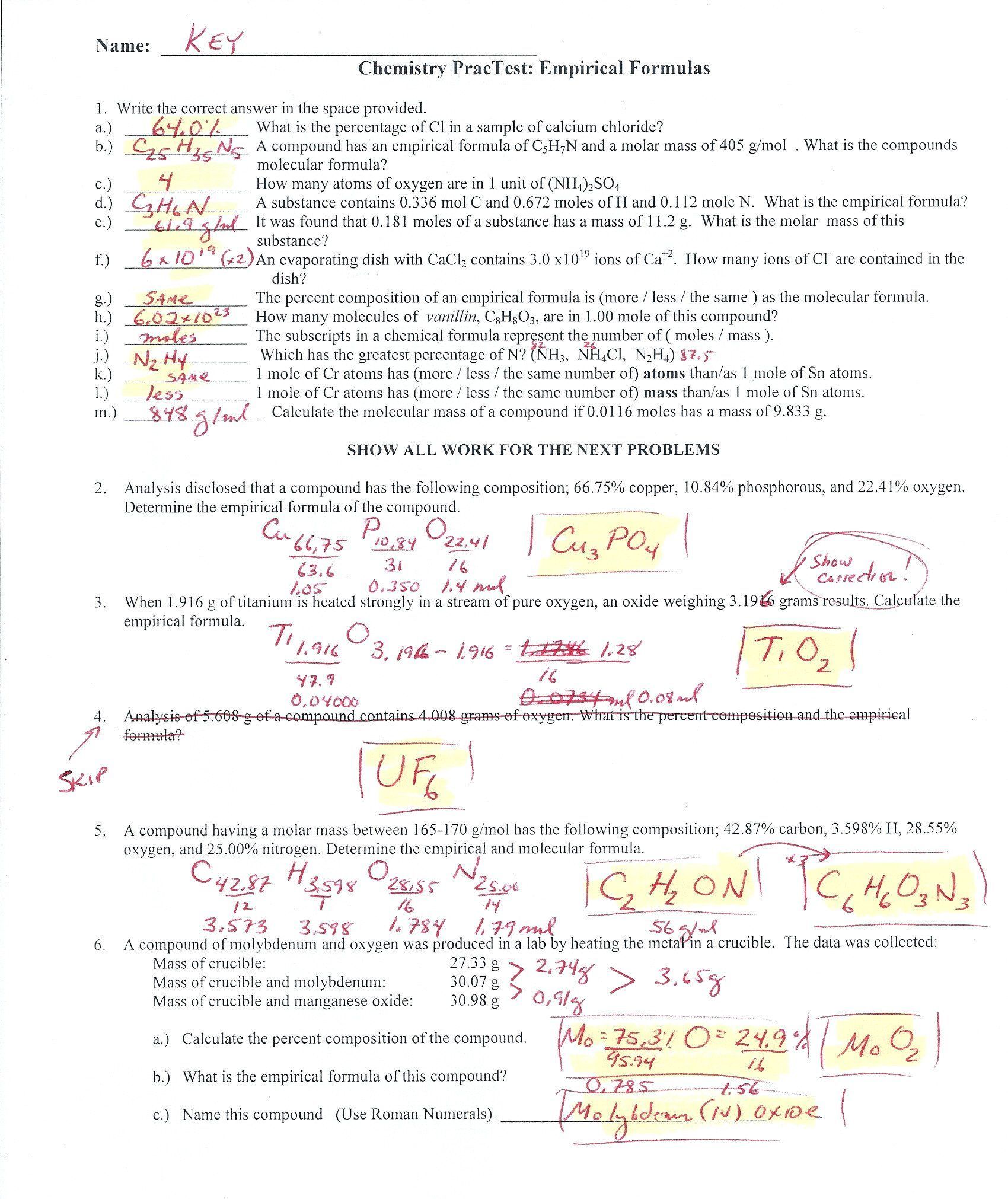 Empirical Formula Worksheet 1